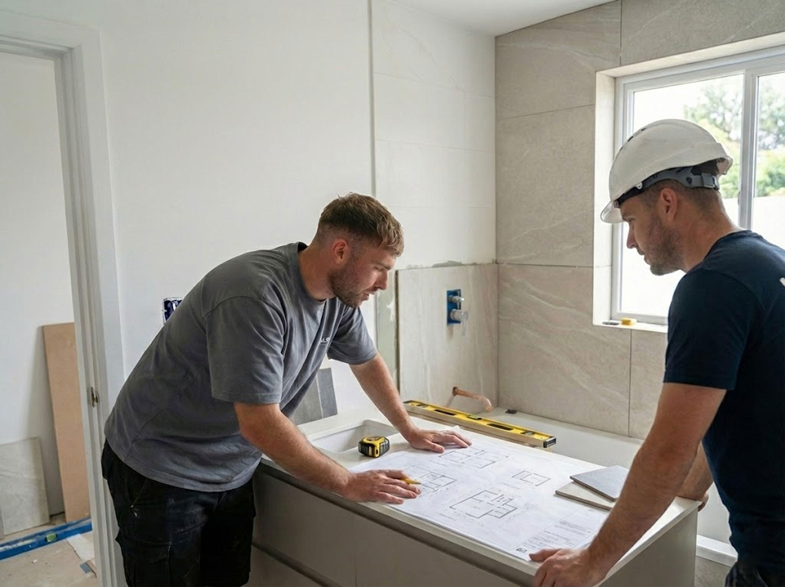 Two bathroom specialists reviewing plans during an installation